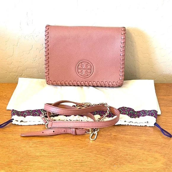 Tory Burch Crossbody Bag Marion Combo Maple Sugar Mauve Pink Leather Whipstitch - Picture 3 of 11